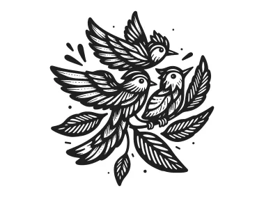Abstract Black Hand Drawn Birds in Leaves Logo Template