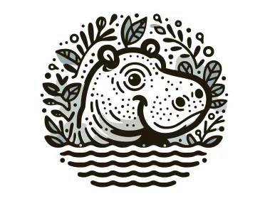 Black Linear Hippo in Water and Leaves Logo Template