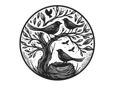 Free SVG Bird Nest on Tree in Circle Logo Template