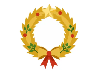 Golden Christmas Wreath with Ribbon and Leaves Vector