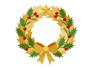 Golden Wreath with Ribbon and Leaves Vector
