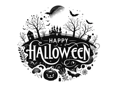 Happy Halloween Lettering Design with Dark Landscape Vector