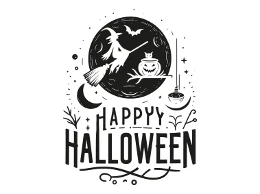 Happy Halloween Lettering with Witch Flying on a Broomstick Vector