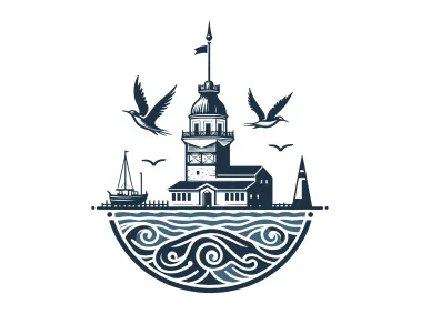 Istanbul Maiden's Tower with Birds and Wavy Sea Vector