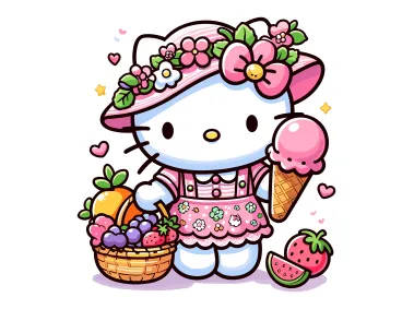 Hello Kitty Holding Ice Cream and Wearing a Flowered Hat Vector